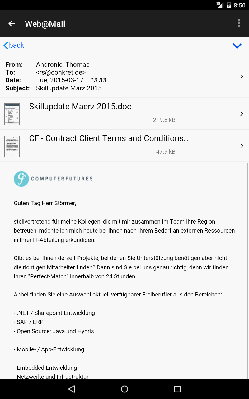 Geffnetes Mail in Original-Ansicht mit eigebundenen Bildern